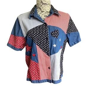 Tantrums patriotic denim patchwork button up short sleeve  L